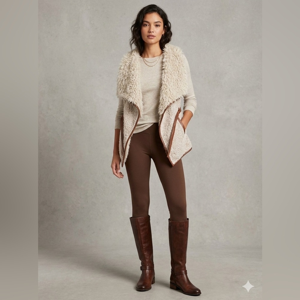 Love Tree Draped Faux Fur And Leather Vest White Cream Brown Pockets Sz Small